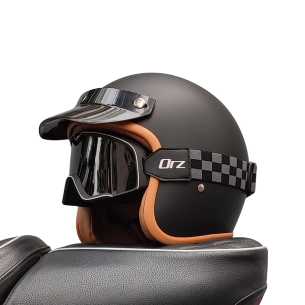 Retro ABS motoros sisak védőszemüveggel Vintage stílusú Fejvédelem Állítható pánt Kényelmes párnázás matt fekete L (57-58 cm)
