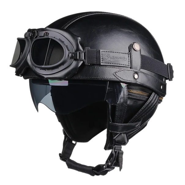 Retro felhajtható motoros bukósisak szemüveggel Műbőr ABS konstrukció Bukósisak robogókhoz és motorokhoz Stílusos védelem vezetés közben fekete XL (59-60 cm)