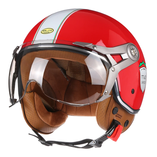 Retro motocyklová helma s otvíratelným hledím ABS ochranná přilba pro jízdu na skútru nebo motorce Stylová vintage přilba červená XL (61-62 cm)