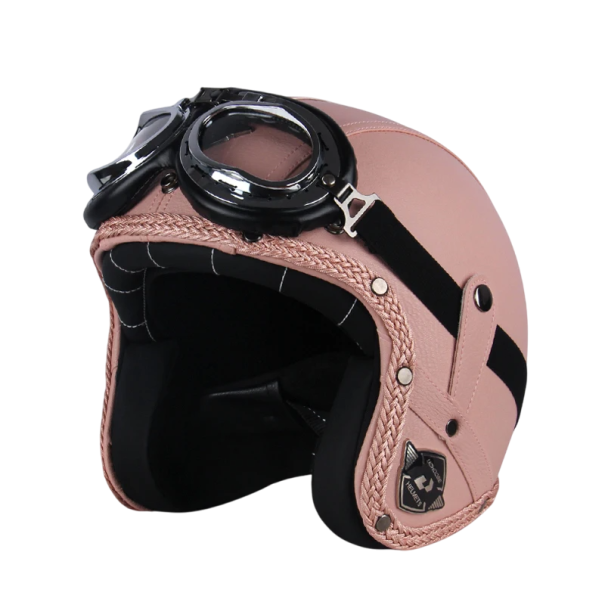 Retro motocyklová přilba s brýlemi Klasický design s koženými detaily Ochranná helma z ABS materiálu pro jízdu na motorce růžová M (55-56 cm)