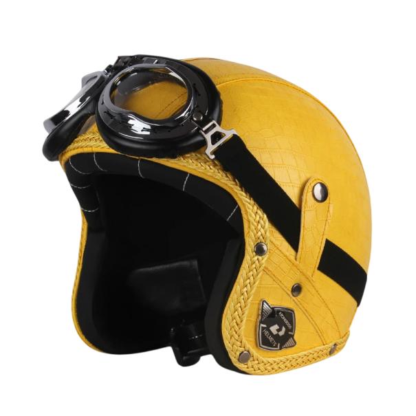 Retro motocyklová přilba s brýlemi Ochranná helma z ABS a umělé kůže Nastavitelný řemínek Stylová otevřená konstrukce žlutá L (57-58 cm)