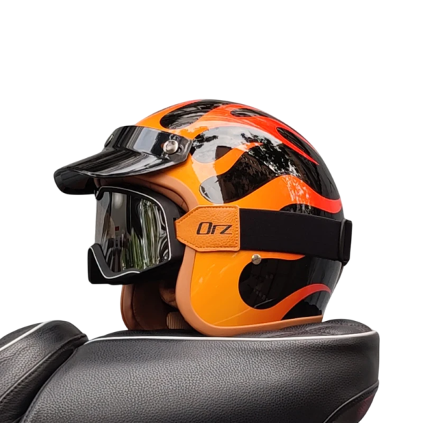 Retro motocyklová přilba s oranžovými plameny ABS materiál Ochranné brýle Vintage styl Helma na chopper Café Racer Skútr černá XXL (61-62 cm)