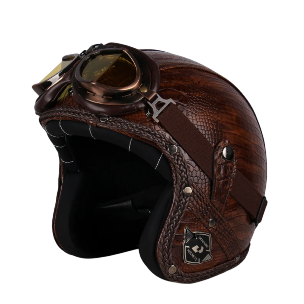 Retro motorcykelhjälm med skyddsglasögon Snygg hjälm gjord av konstläder ABS-konstruktion Vintage design för skotrar och motorcyklar brun XXL (61-62 cm)
