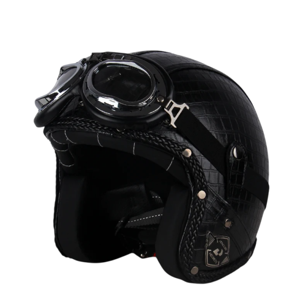 Retro motorhelm met bril Veiligheidshelm van ABS en kunstleer Verstelbare band Stijlvol open design zwart XXL (61-62 cm)