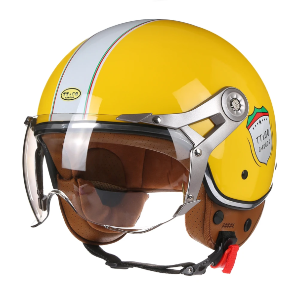 Retro motorhelm met openklapbaar vizier ABS beschermhelm voor het rijden op een scooter of motor Stijlvolle vintage helm geel M (57-58 cm)