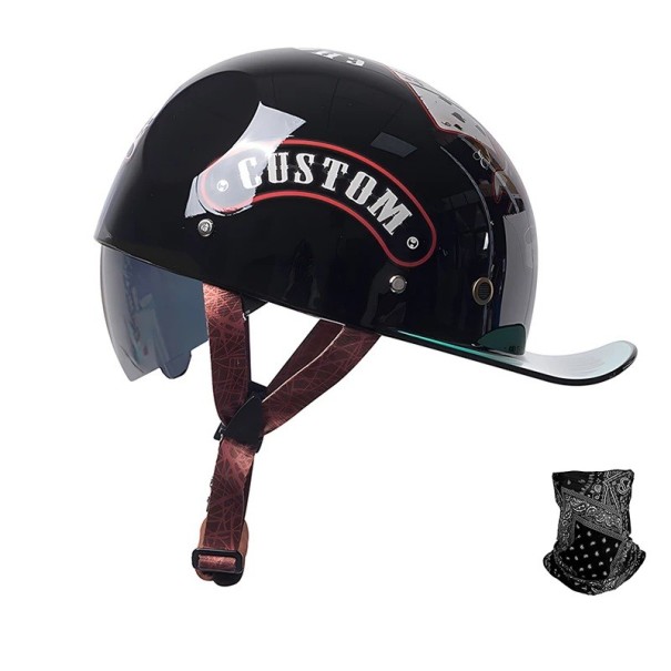 Retro Motorrad-Halbschale mit Visier Zuziehbarkeit innere Sonnenblende und Schal Größe M 57-58 cm ABS-Schale 700 g Für Motorradfahrer schwarz