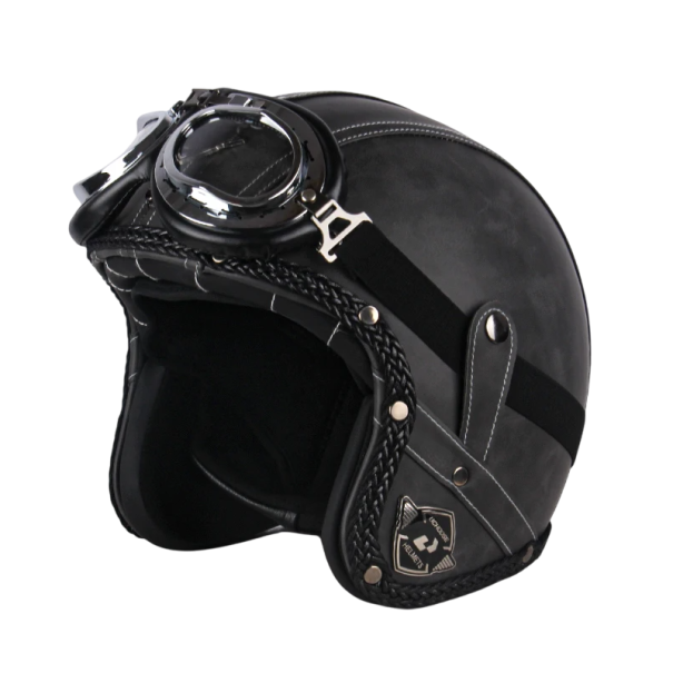 Retro-Motorradhelm mit Schutzbrille Klassisches Design mit Lederdetails Schutzhelm aus ABS-Material für Motorradfahrten schwarz L (57-58 cm)