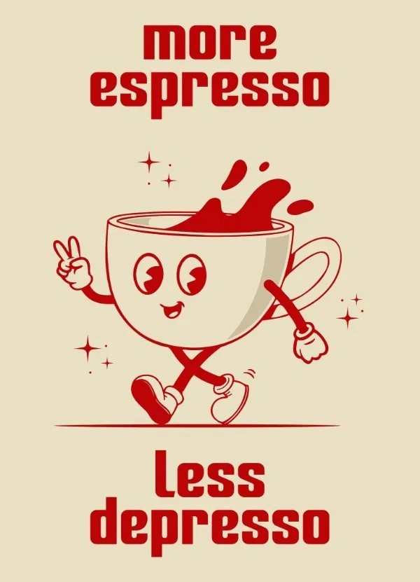 Retro obraz 30 x 40 cm More espresso less depresso Hrnek na nožičkách Plátěný plakát bez rámu Barevná dekorace na zeď do pokoje červená