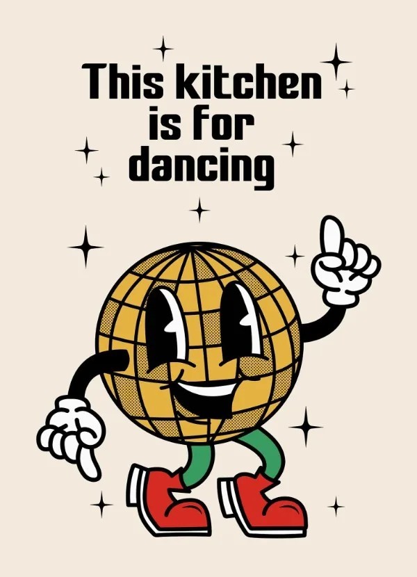 Retro obraz na zeď 30 x 40 cm Tančící disco koule This Kitchen Is For Dancing Kuchyňský plakát Vintage dekorace tisk na plátno bez rámu béžova