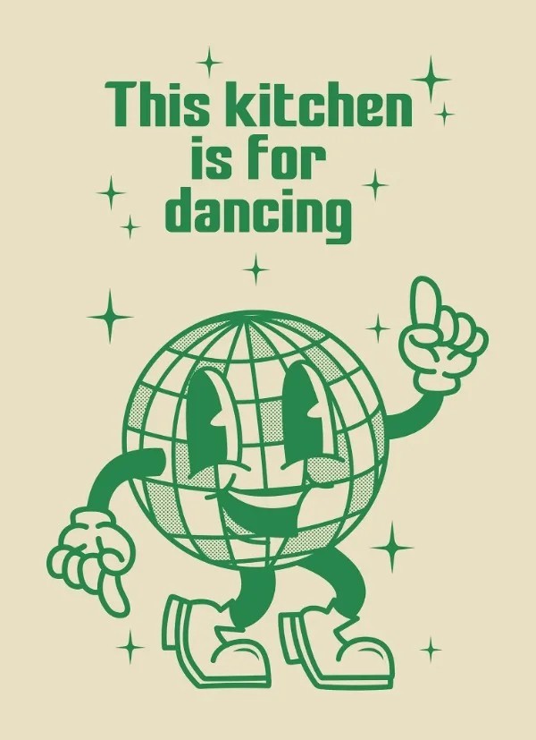 Retro plagát na zeď 20 x 30 cm Disco guľa This Kitchen Is For Dancing Kuchynská dekorácia Vintage obraz na plátne bez rámu zelená
