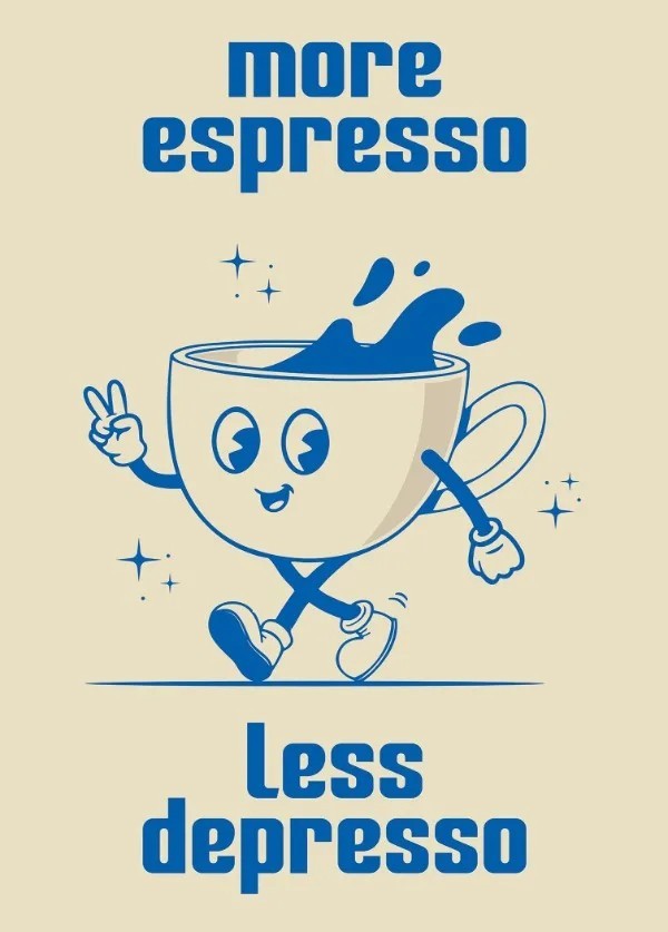 Retro plakát 20 x 30 cm More espresso less depresso Hrnek na nožičkách Barevný obraz na bavlněném plátně Dekorace bez rámu modrá