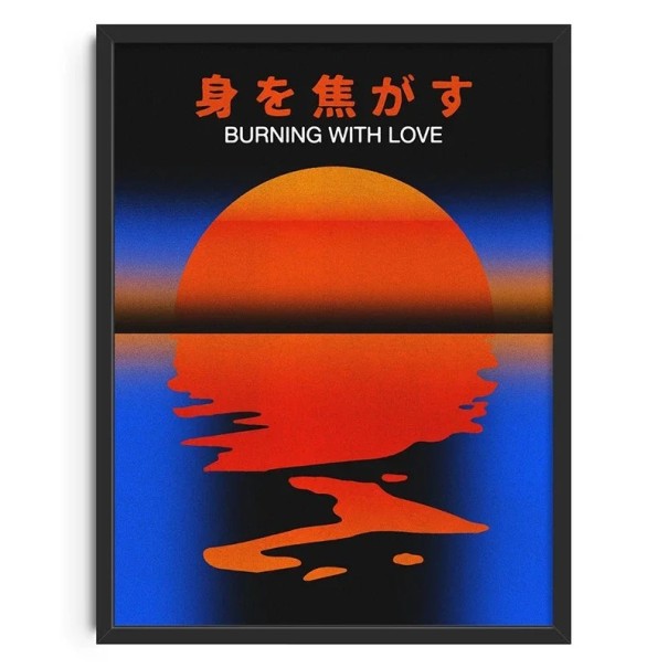 Retro-Poster Burning With Love 50x70 cm Abstrakter Sonnenuntergang im japanischen Stil Rot-blaue Wanddekoration Kunstdruck ohne Rahmen 1