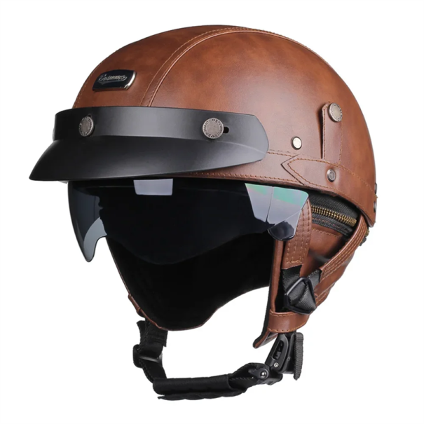 Retro výklopná motocyklová přilba s odnímatelnou krempou Umělá kůže Designová helma s ABS konstrukcí Bezpečnostní výbava na motorku hnědá M (55-56 cm)