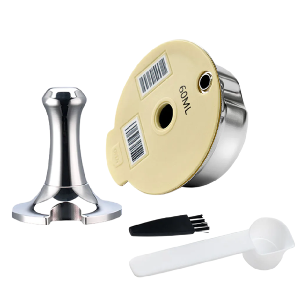 Reusable 60 ml Capsule for Tassimo Coffee Machine with Tamper, Plastic Spoon and Cleaning Brush for Ground Coffee Eco-Friendly Set 1