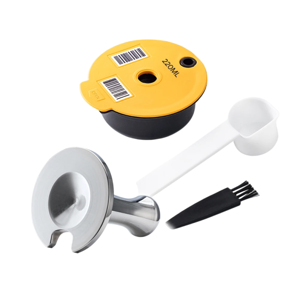 Reusable Capsule 220 ml for Ground Coffee for Tassimo Coffee Machines with Tamper, Spoon and Cleaning Brush for Perfect Espresso 1