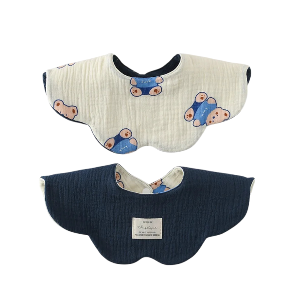 Reversible Baby Bib with Wavy Edge Beige Side with Bears in Blue T-Shirts Navy Blue Smooth Side Snap Fastener at Neck 1