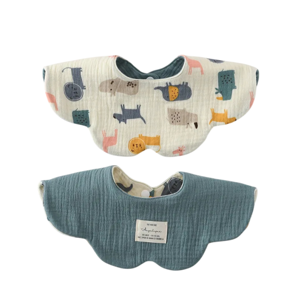 Reversible Baby Bib with Wavy Edge Beige Side with Cartoon Animals Petrol Blue Smooth Side Snap Fastener at Neck 1