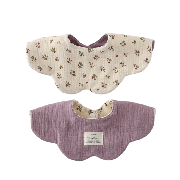 Reversible Baby Bib with Wavy Edge Cream Side with Small Burgundy Flowers Lilac Smooth Side Press Stud at Neck 1