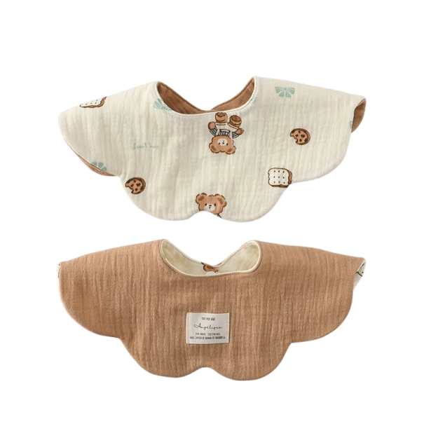 Reversible Bib for Children Beige Side with Bears and Small Pastries Brown Plain Side Wavy Edge to Leaves Press Stud at Neck 1