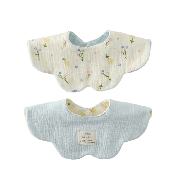 Reversible Bib for Children Beige Side with Colourful Flowers and Green Stems Light Blue Smooth Side Wavy Edge Press Stud at Neck 1