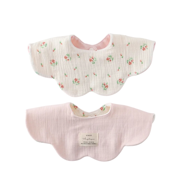 Reversible Bib for Children with Snap Fastener at the Neck Wavy Petal-Shaped Edge White Side with Small Flowers and Pink Side 1