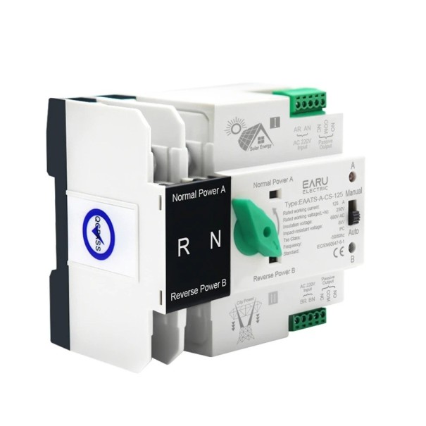 Riel DIN ATS 2P AC 230 V 125 A 143 x 96 mm Interruptor automático de alimentación para sistemas FV domésticos Fuente ininterrumpida 1