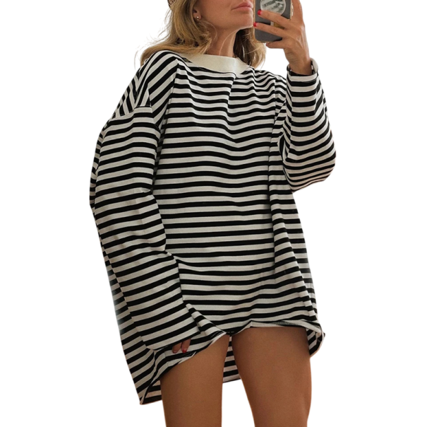 Ριγέ oversized μπλούζα με μακριά μανίκια Μοντέρνος ελεύθερος στυλ Χαλαρή streetwear μπλούζα Άνετη χρήση για καθημερινό ντύσιμο μαύρο M