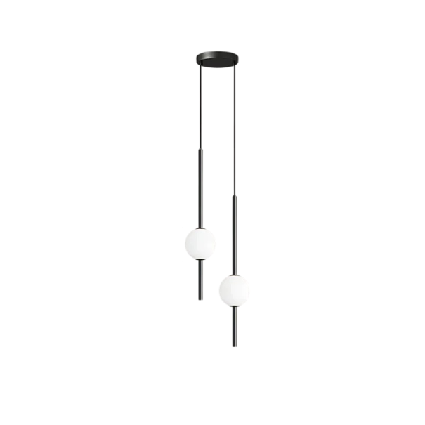 Riippuva LED-kattokruunu kahdella putkella ja kahdella pallolampulla. Minimalistinen valaistus. Säädettävä pituus 200 cm. Kylmän valkoinen musta