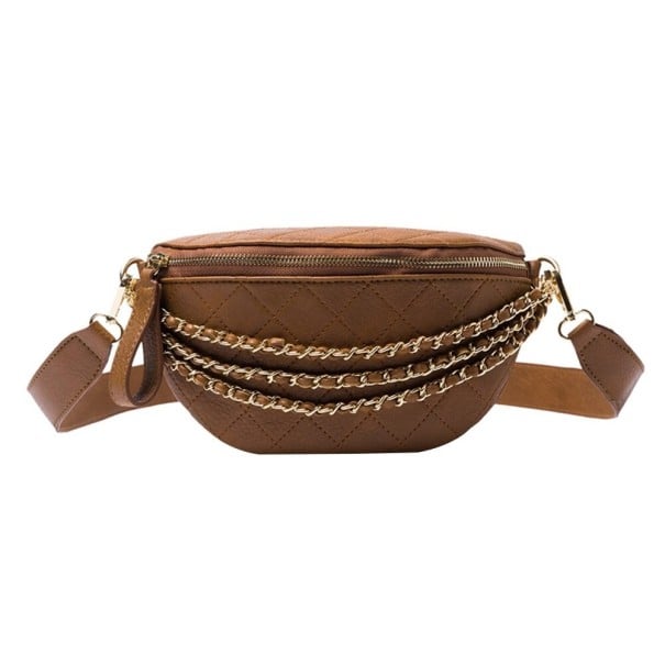 Riñonera acolchada para mujer con cadenas decorativas y correa ancha Patrón de rombos Cierre metálico Cuero PU y poliéster 26 x 9 x 15 cm marrón