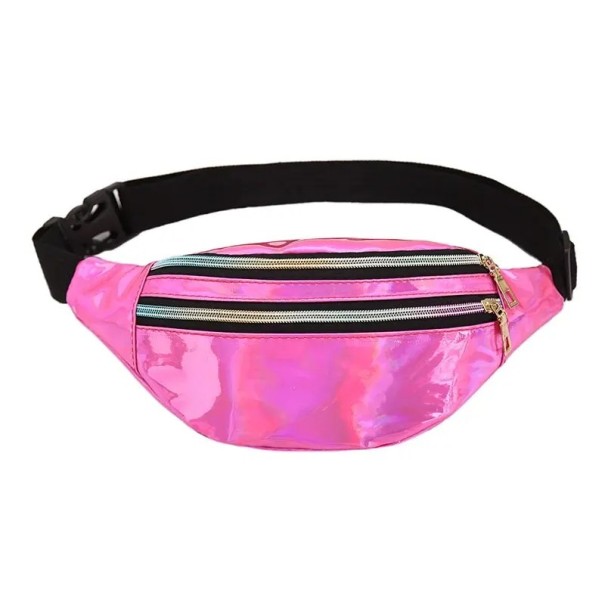 Riñonera de piel sintética holográfica de colores, 24 x 14 x 7 cm, brillante, con diseño de arcoíris, ideal para fiestas, viajes rosa oscuro