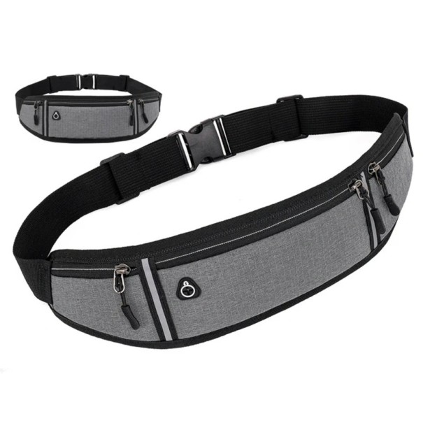 Riñonera deportiva para correr de 40 cm. Riñonera deportiva colorida con elementos reflectantes. Múltiples bolsillos. Circunferencia ajustable de 80 a 100 cm. gris