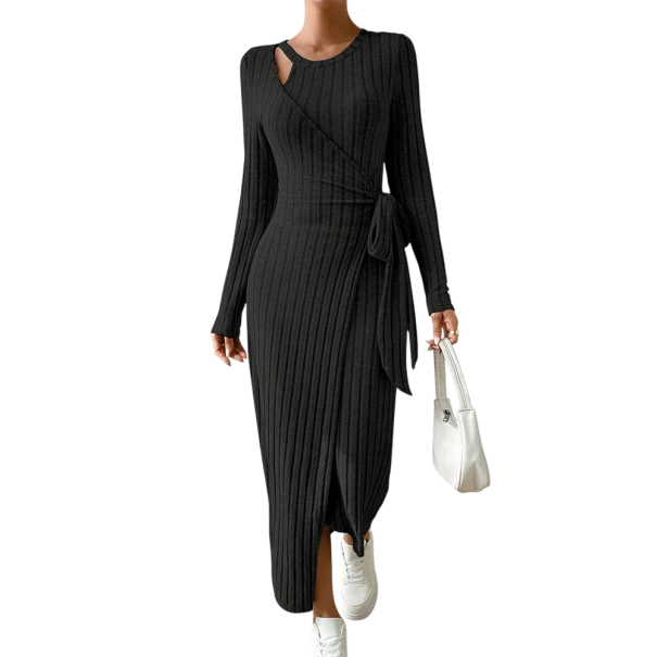 Rippstrick-Bodycon-Kleid mit langen Ärmeln und Gürtel Elegantes, elastisches Midi-Kleid mit Schlitz und asymmetrischem Ausschnitt schwarz L