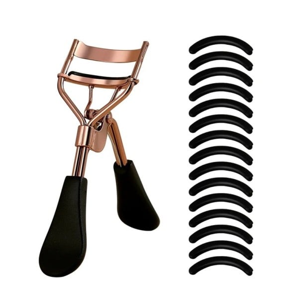 Rizador de pestañas portátil de 10,7 x 3,5 cm con 15 almohadillas de silicona, rizador de extensiones de pestañas de acero inoxidable negro