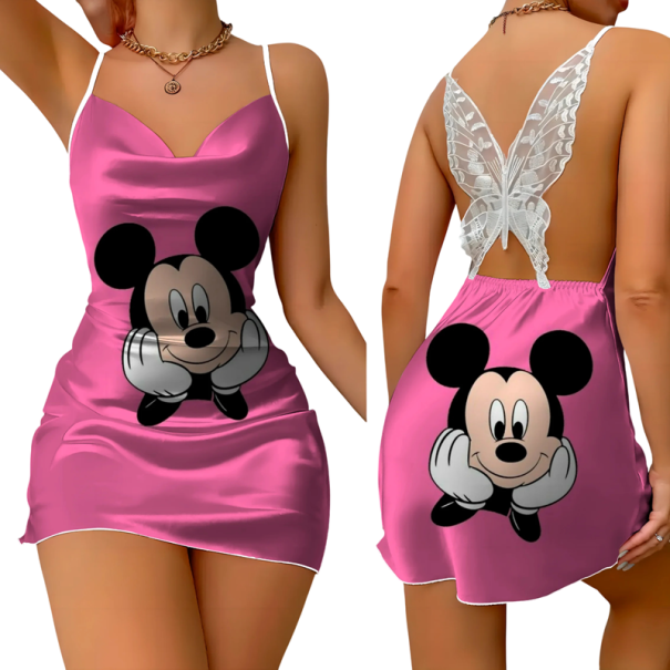 Robe courte rose avec imprimé de personnage de dessin animé et dos en dentelle en forme de papillon Coupe asymétrique Style sexy Bretelles fines XS