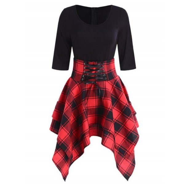 Robe d'automne avec jupe à carreaux rouge XL
