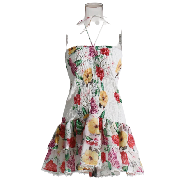 Robe d'été sans manches avec smocks et jupe volantée Imprimé floral Bustier élastique Décolleté derrière le cou Style élégant d'été blanc L