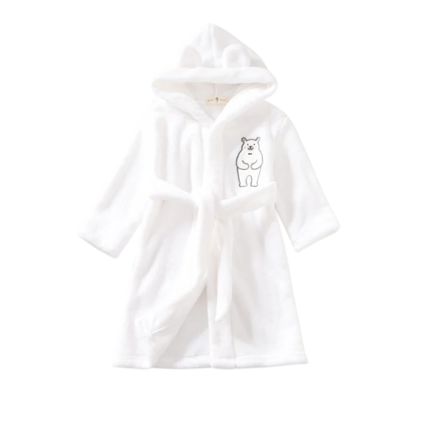 Robe de bain unisexe pour enfants en peluche avec lien en polyester et coton unie avec impression d'ours Robe douce blanc 3