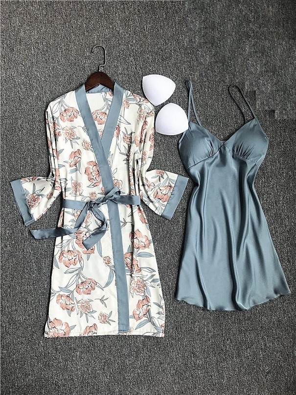 Robe de chambre et chemise de nuit pour femme P2676 bleu M