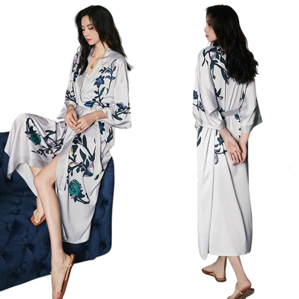 Robe de chambre femme taille universelle couleur argentée avec motif floral ceinture à nouer légère robe de chambre élégante en soie artificielle 1