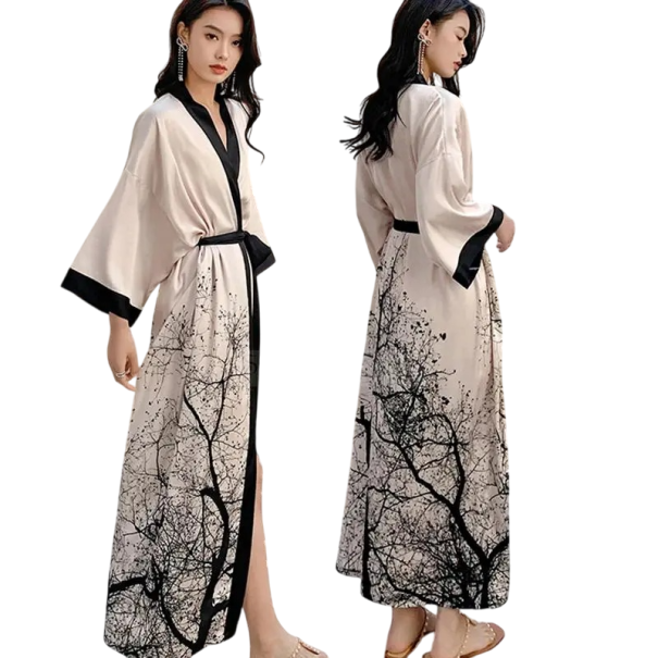 Robe de chambre femme taille universelle Couleur blanche Avec motif de branches d'arbres Ceinture à nouer autour de la taille Robe de chambre légère 1