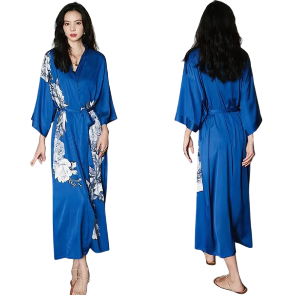 Robe de chambre femme taille universelle Couleur bleue avec motif floral Robe de chambre légère et élégante en satin synthétique Ceinture à nouer en polyester 1