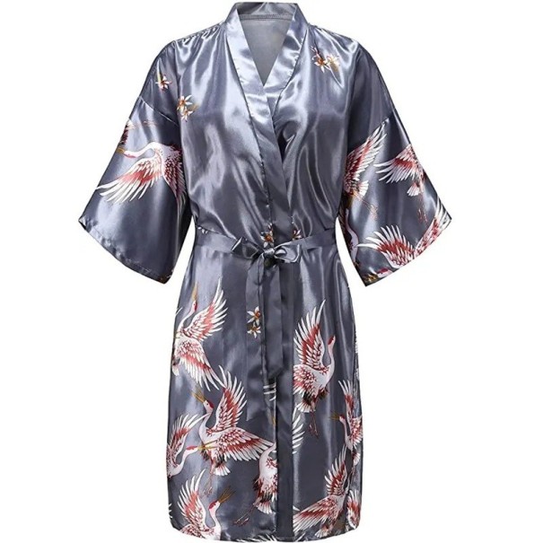 Robe de chambre pour femmes avec motif d'oiseaux Robe de chambre légère et élégante en 100 % soie avec lien à la taille Tissu doux et fluide pour le confort et la détente à la maison gris XL