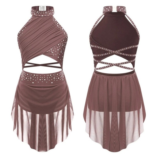 Robe de danse pour filles avec découpes et jupe en tulle polyester élasthanne pour performances danse scénique et moderne marron 8