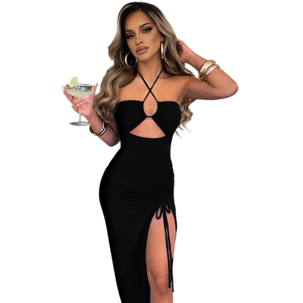 Robe de soirée longue à décolleté plongeant Fronces à l'avant Fente haute avec cordon Liens autour du cou Coupe ajustée noir L