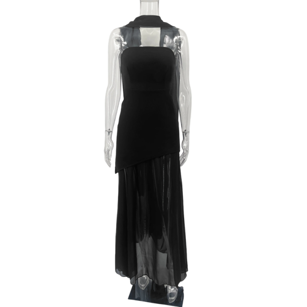 Robe élégante sans bretelles avec coupe asymétrique Jupe longue et aérienne Fente marquée Long foulard Tissu léger et fluide pour les soirées noir S