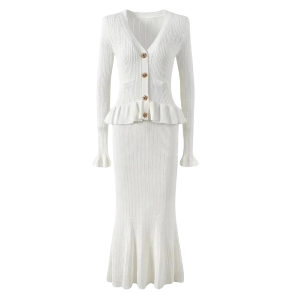 Robe en tricot côtelé élégante avec boutons dorés Décolleté en V Manches longues Ourlet volanté Robe en tricot pour les occasions formelles en automne et au printemps blanc