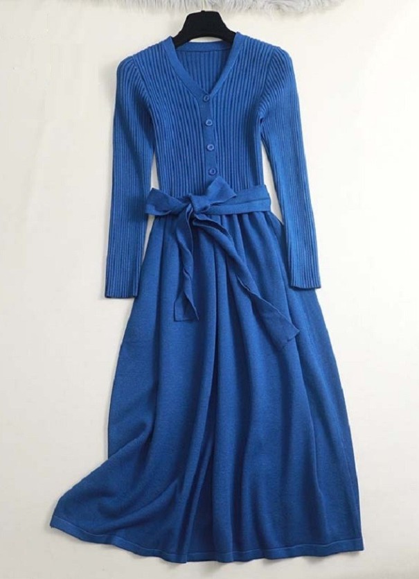 Robe en tricot longue bleu