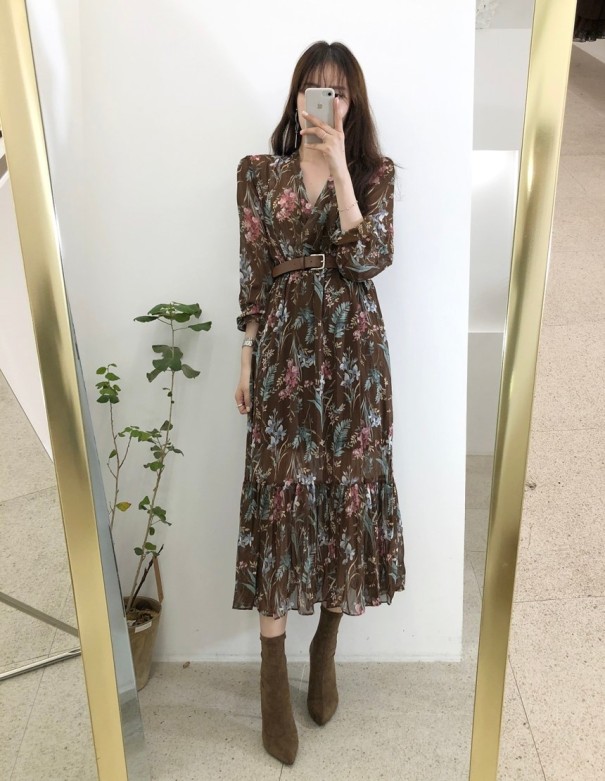 Robe fleurie à manches longues Jane marron M