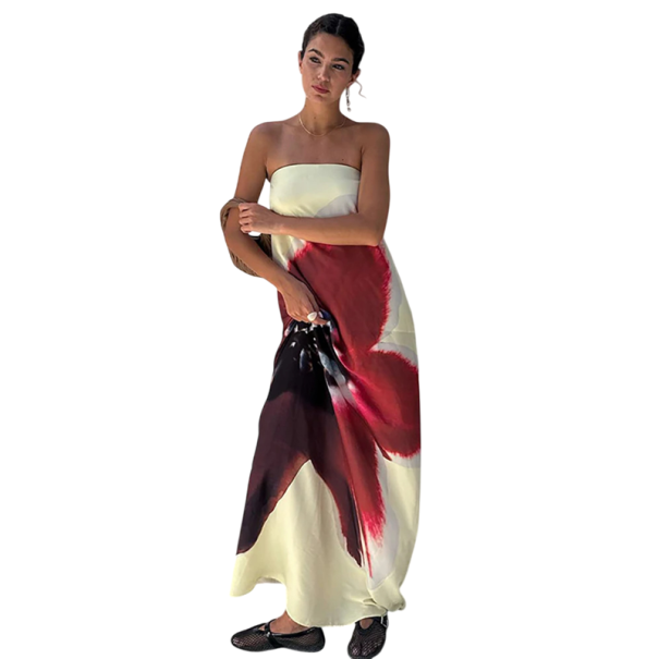 Robe maxi longue sans bretelles avec un imprimé floral prononcé Robe d'été élégante avec un dos nu et une ceinture dans le dos jaune S