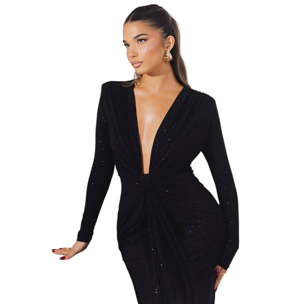 Robes de soirée longues scintillantes avec décolleté plongeant Robes élégantes avec fronces Robes de soirée d'automne à manches longues noir S